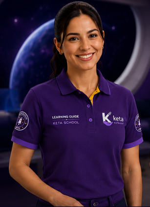 Learning Guide da Keta School, de uniforme roxo, sorrindo